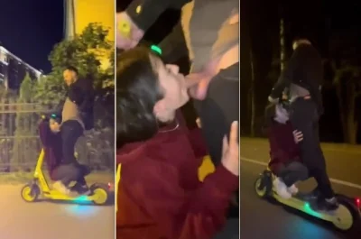 Девушка сосет хуй своему парню прямо во время езды на самокате